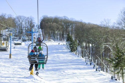 Two skiers on a chairlift ascend a snowy slope, surrounded by trees under a clear blue sky.