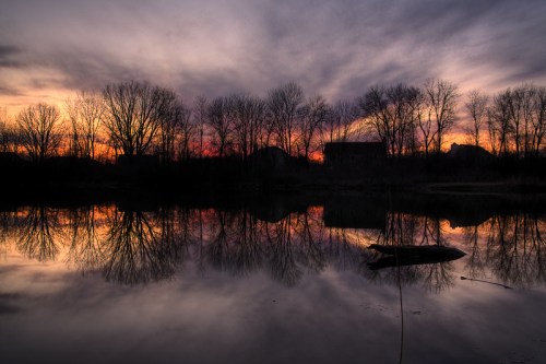 Silhouetted trees reflect in a calm lake at sunset, with vibrant colors in the sky and water.