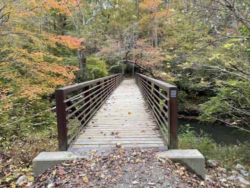 A wooden bridge spans a creek, surrounded by trees with autumn foliage in vibrant colors.
