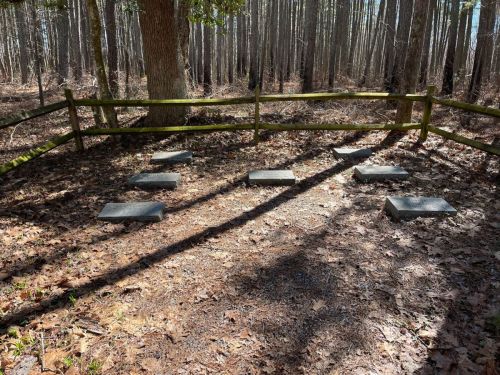 A clearing in a forest with six stone slabs arranged on the ground, surrounded by trees and a wooden fence.