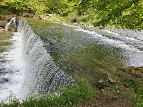 A serene river cascades over a small waterfall, surrounded by lush green trees and foliage.