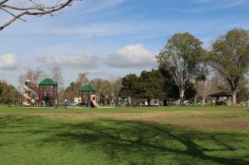 A playground with slides and climbing structures in a park, surrounded by trees and open green space under a blue sky.