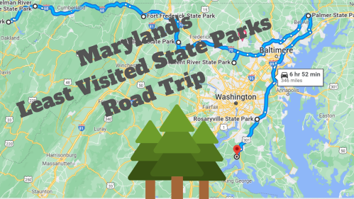 Map of Maryland highlighting least visited state parks for a road trip, with trees in the foreground.
