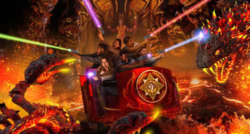 A thrilling roller coaster scene with riders wielding colorful lightsabers against a fiery, mythical backdrop.