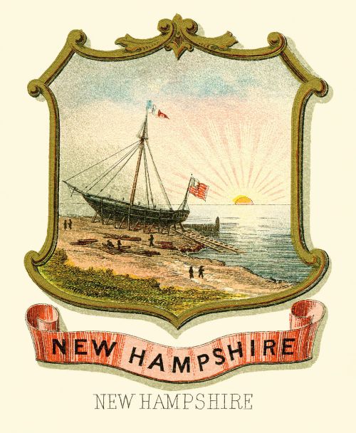 Illustration of New Hampshire's emblem featuring a ship on the shore with a sunrise and a ribbon displaying the state name.