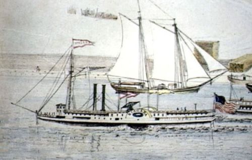 A historic illustration of a steamboat and a sailing ship on calm waters, with flags and a shoreline in the background.