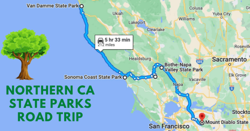 Map showing a road trip route through Northern California state parks, including Van Damme and Sonoma Coast State Parks.