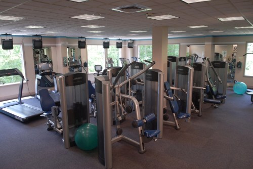 A spacious gym with exercise machines, treadmills, and a blue exercise ball, featuring large windows for natural light.