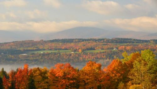 A scenic view of colorful autumn foliage with rolling hills and a cloudy sky in the background.