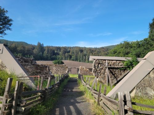 A pathway leads through stone ruins, flanked by modern structures, with lush greenery and hills in the background.