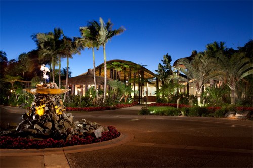 A beautifully lit entrance with a fountain, surrounded by lush greenery and tropical plants at dusk.