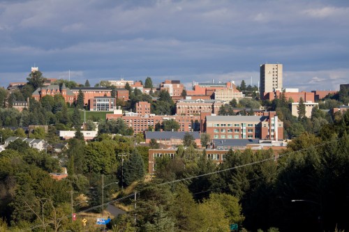 A panoramic view of a university campus surrounded by trees and buildings under a cloudy sky.