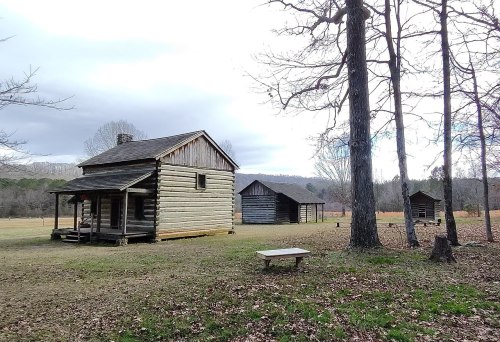 A rustic scene featuring a log cabin and two smaller buildings surrounded by trees and open fields under a cloudy sky.