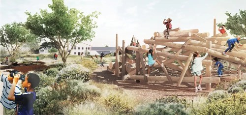 Children play on a large wooden structure in a natural outdoor setting, exploring and climbing among greenery.
