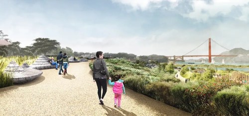 A scenic park path with families walking, featuring greenery and views of a bridge in the background.