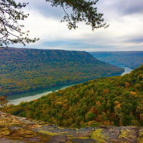 A scenic view of a river winding through colorful autumn foliage under a cloudy sky.