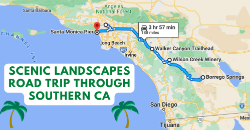 Map showing a scenic road trip route through Southern California, highlighting key stops and travel time.