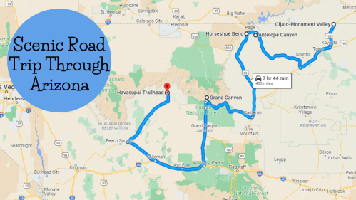 Map of a scenic road trip route through Arizona, highlighting key destinations like Antelope Canyon and the Grand Canyon.