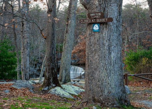 A wooded area with a sign on a tree reading "Closed at Sunset," surrounded by rocks and trees.