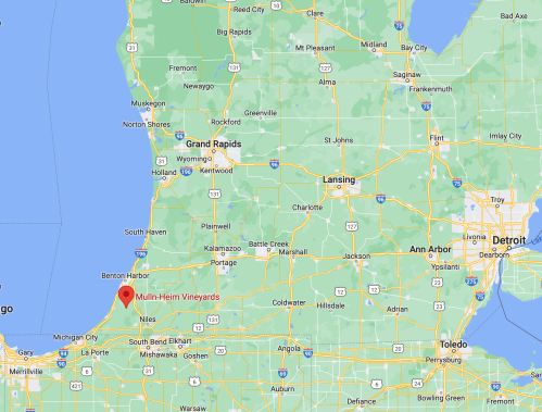 Map showing the location of Mullin-Heim Vineyards near Benton Harbor, Michigan, with nearby cities and highways.