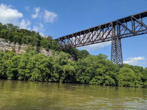 A large metal bridge spans a river, surrounded by lush green trees and a rocky cliff under a blue sky.