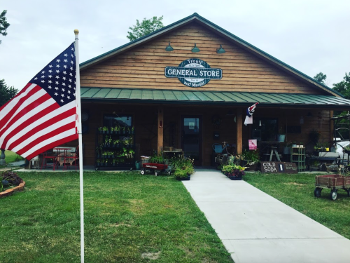 A rustic general store with a wooden facade, American flag, and greenery in front, set in a rural area.
