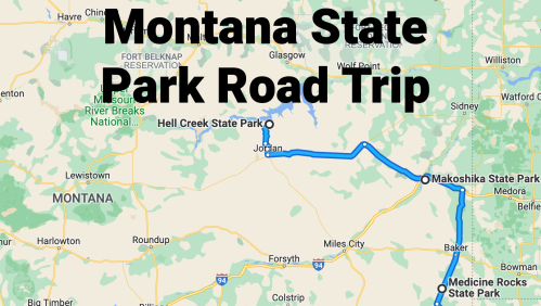 Map showing a road trip route through Montana State Parks, including Hell Creek and Makoshika State Parks.