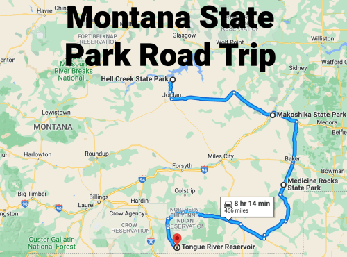 Map of a road trip through Montana State Parks, highlighting key locations and travel time.