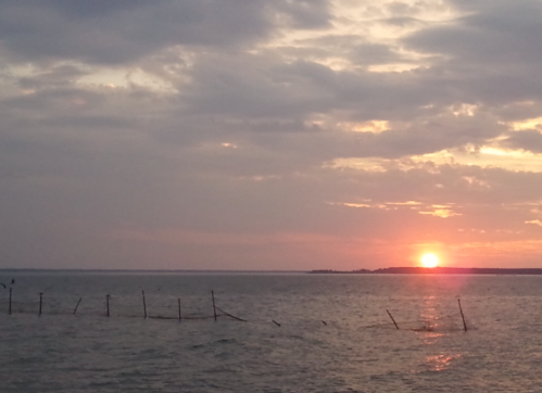A serene sunset over calm waters, with silhouetted wooden posts in the foreground and clouds in the sky.