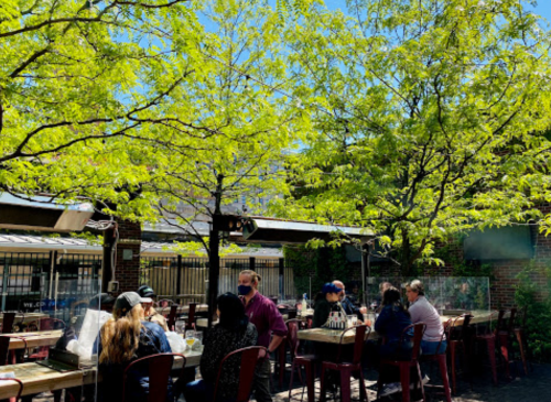 A lively outdoor dining area with people sitting at tables under lush green trees on a sunny day.