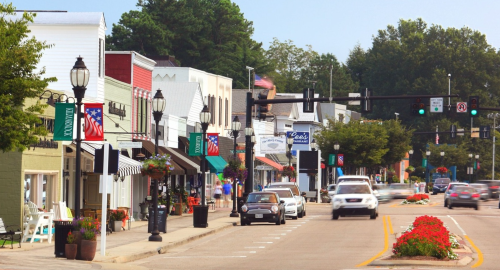 A charming small-town street lined with shops, flowers, and traffic lights on a sunny day.