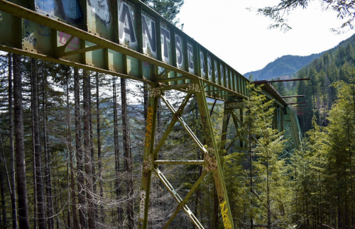 A weathered green bridge with graffiti, surrounded by tall trees and mountains in the background.