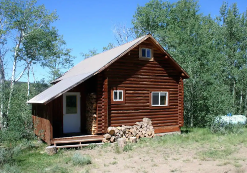 A rustic wooden cabin surrounded by trees, with a stack of firewood beside the entrance. Clear blue sky above.