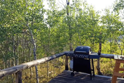 A black grill on a wooden deck surrounded by lush green trees and a sunny outdoor setting.