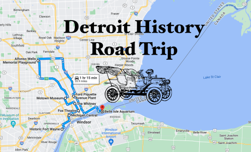 Map of a Detroit history road trip, featuring a route to Belle Isle Aquarium with a vintage car illustration.