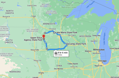 Map showing a route of approximately 490 miles, connecting Upper Sioux Agency State Park, Lake Maria State Park, and Carley State Park.