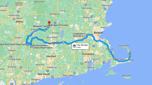 Map showing a route from Boston to the Bridge of Flowers, highlighting key locations and travel time of 7 hours 23 minutes.