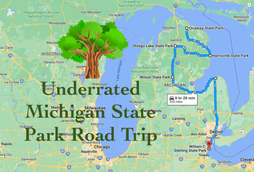 Map of an underrated Michigan state park road trip, highlighting parks and routes with a tree graphic.