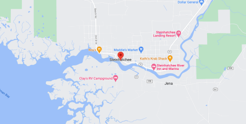Map of Steinhatchee, Florida, showing local landmarks, roads, and waterways.