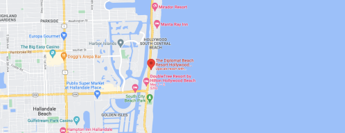 Map showing the coastline near Hollywood Beach, Florida, with nearby hotels and landmarks marked.