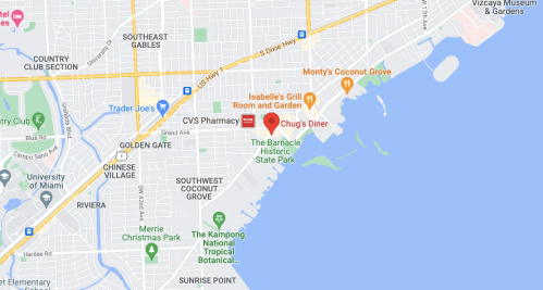 Map showing the Coconut Grove area in Miami, highlighting locations like CVS Pharmacy and Chug's Diner.