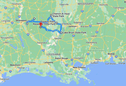 Map of Louisiana highlighting routes to Poverty Point State Park, Lake Bruin State Park, and Chemin-A-Haut State Park.