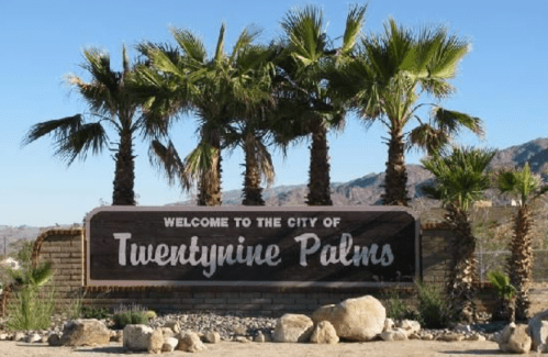 Welcome sign for the city of Twentynine Palms, surrounded by palm trees and rocky landscaping.