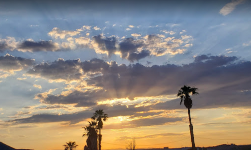 A vibrant sunset with rays of light breaking through clouds, silhouetting palm trees against a colorful sky.