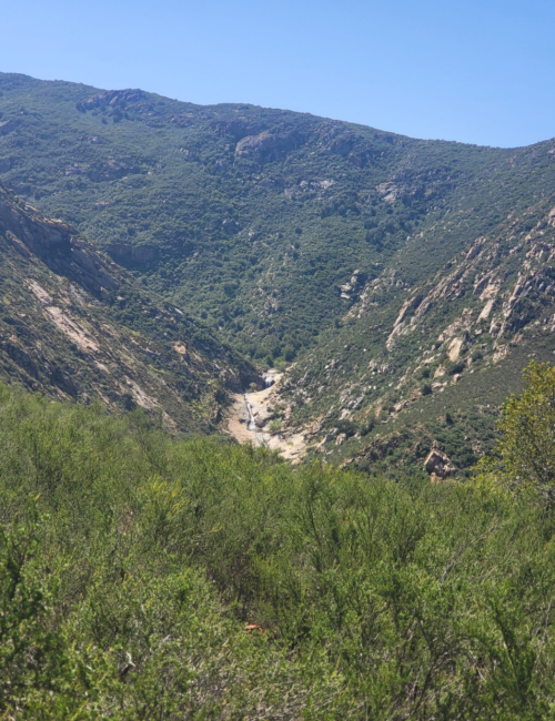 A scenic view of a valley surrounded by mountains, with lush greenery in the foreground and clear blue skies.