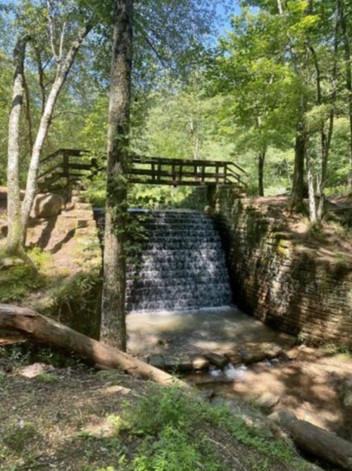 A serene waterfall cascades over rocks, surrounded by lush green trees and a wooden bridge above.