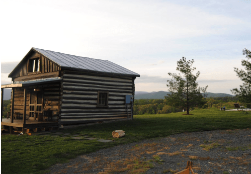 A rustic log cabin with a metal roof, surrounded by green grass and trees, set against a mountain backdrop.