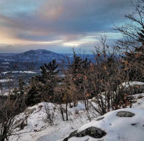 A scenic view of a snowy landscape with distant mountains and bare trees under a cloudy sky.