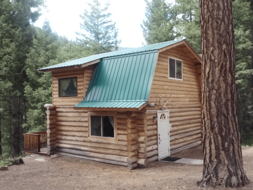 A rustic log cabin with a green metal roof, surrounded by tall trees in a forested area.