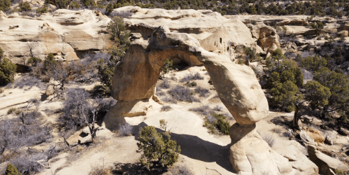 A natural stone arch surrounded by rocky terrain and sparse vegetation under a clear blue sky.